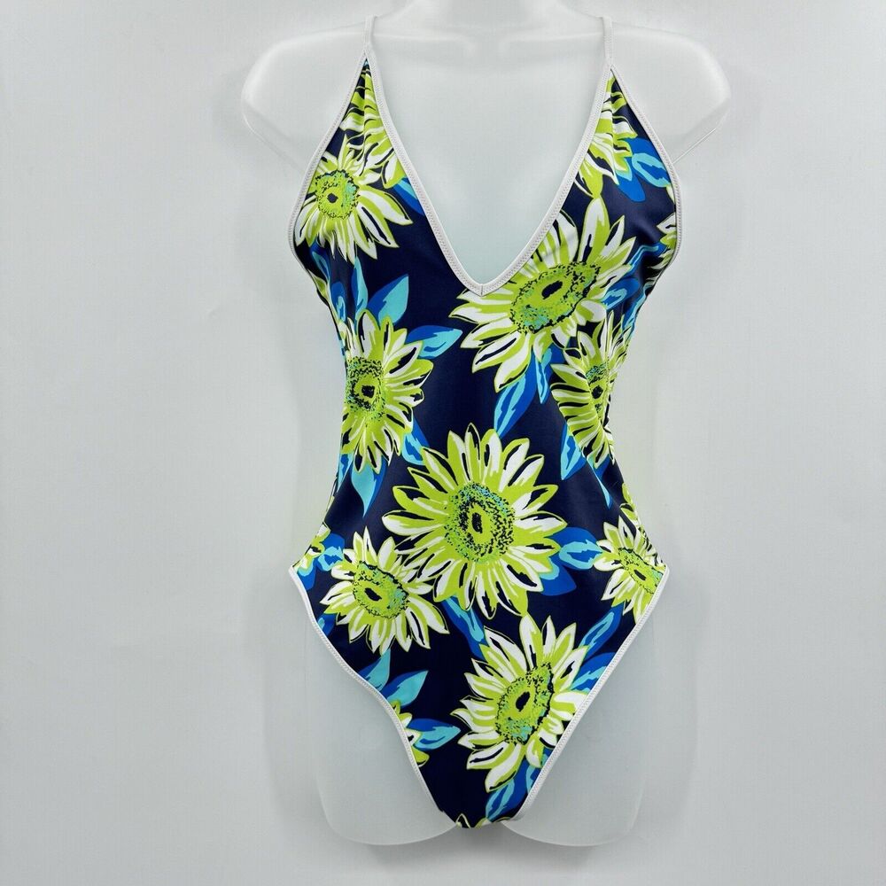 Aerie Plunge Floral One-Piece Swimsuit Size XL Blue Green Lace Up Back Cheeky